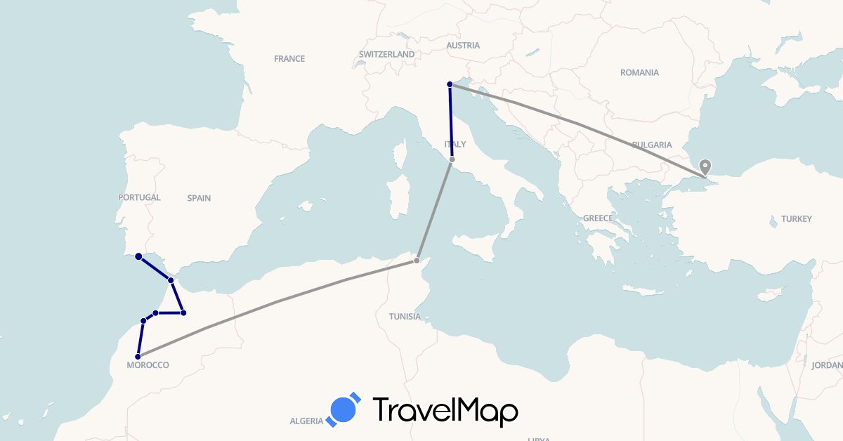 TravelMap itinerary: driving, plane in Italy, Morocco, Portugal, Tunisia, Turkey (Africa, Asia, Europe)
