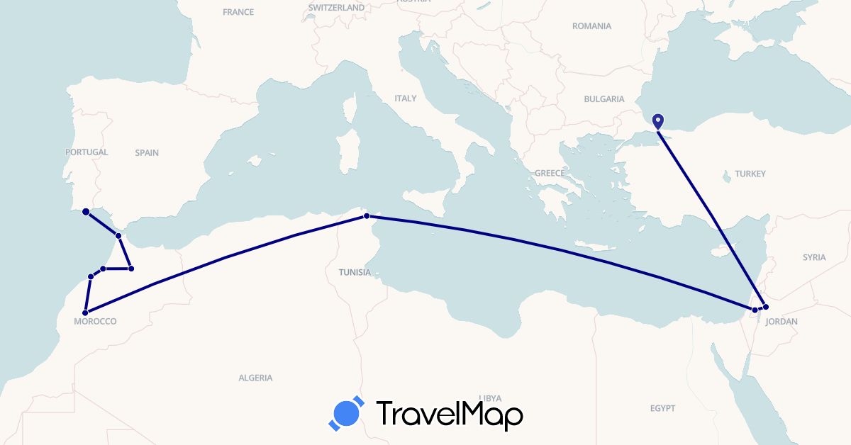 TravelMap itinerary: driving in Israel, Jordan, Morocco, Portugal, Tunisia, Turkey (Africa, Asia, Europe)